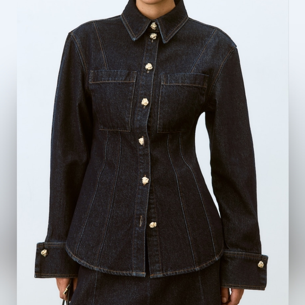 H&M defined-Waist Denim Shirt Gold Buttons- Dark Denim Blue BNWT